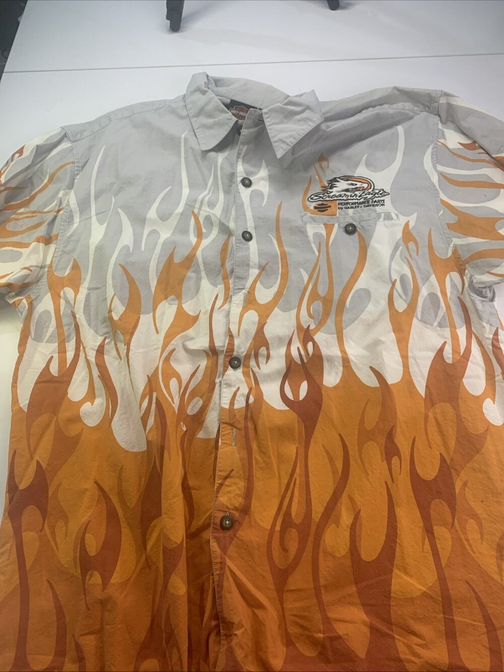Harley-Davidson Screamin Eagle Flame Garage Shirt Mens XL Gray Orange
